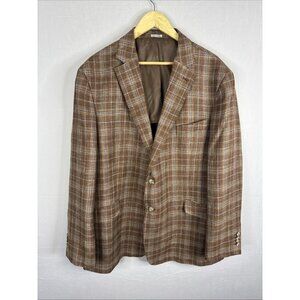 Abboud Heritage E. Thomas Wool Silk Linen Sport Coat Blazer Brown Plaid Men 50L